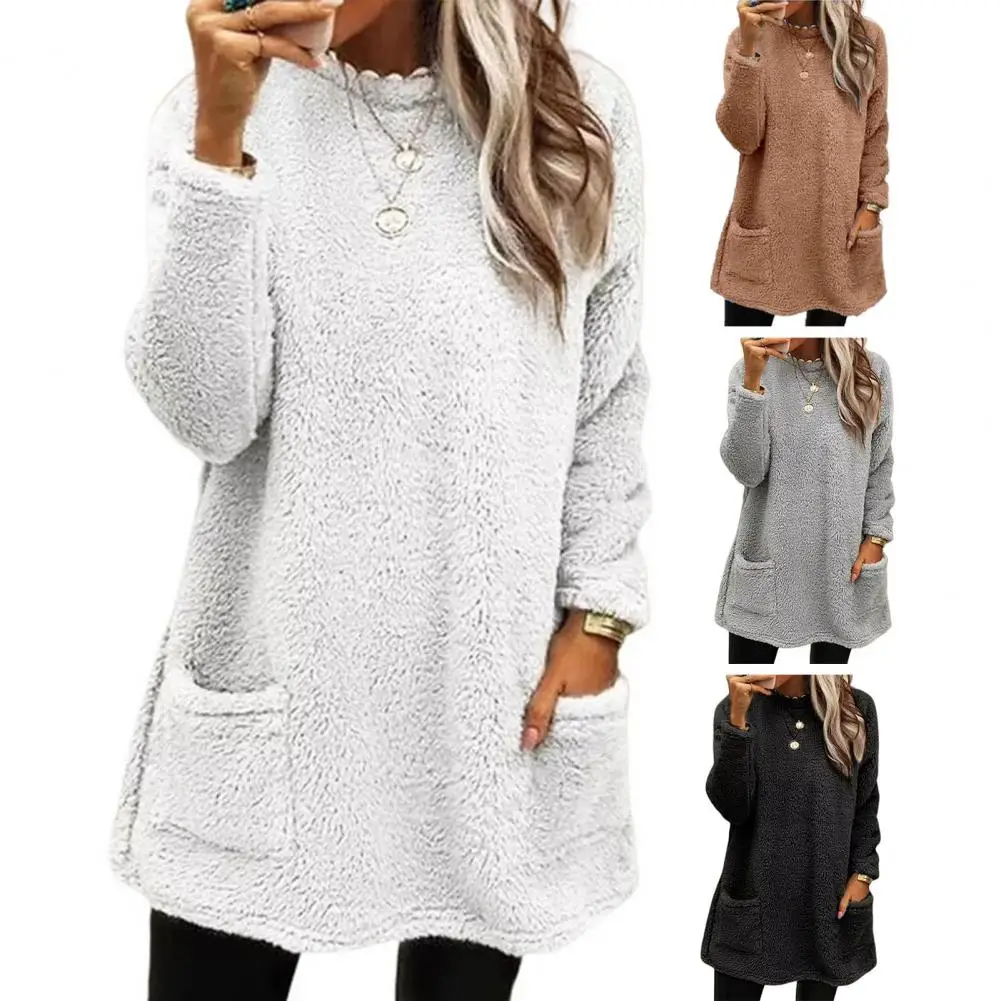 

Women Thickened Sweatshirt Warm Plush Sweatshirt with Pockets Cozy Winter Top for Women Women Long Sleeve Sweatshirt