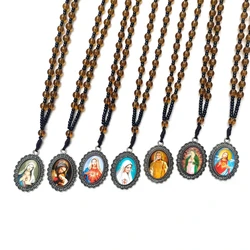 QIGO Religious Jewelry Virgin Pendant Necklace Long Glass Beads Strand Chain For Men Women