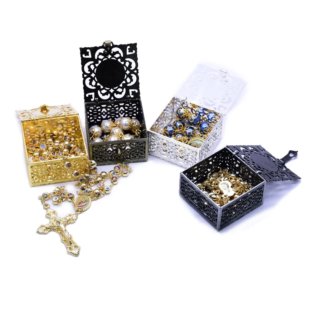 High-End Vintage Metal Rosaries Beads Storage Box Roman Rosary Trinket Keepsake Case for Rosary Beads Earring Ring Necklace