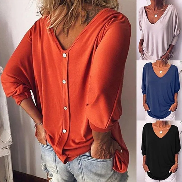 Plus Größe Lose frauen Hemd V-ausschnitt Overhead Drei-Viertel Hülse Casual Weibliche Top Taste Dekoration Gepolsterte Schulter – Detail 2