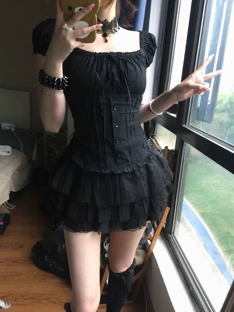 Deeptown Gothic Lolita Women Blouses Elegant Sweet Sexy Square Collar Crop Tops Vintage French Style Puff Sleeve Ruffle Shirts
