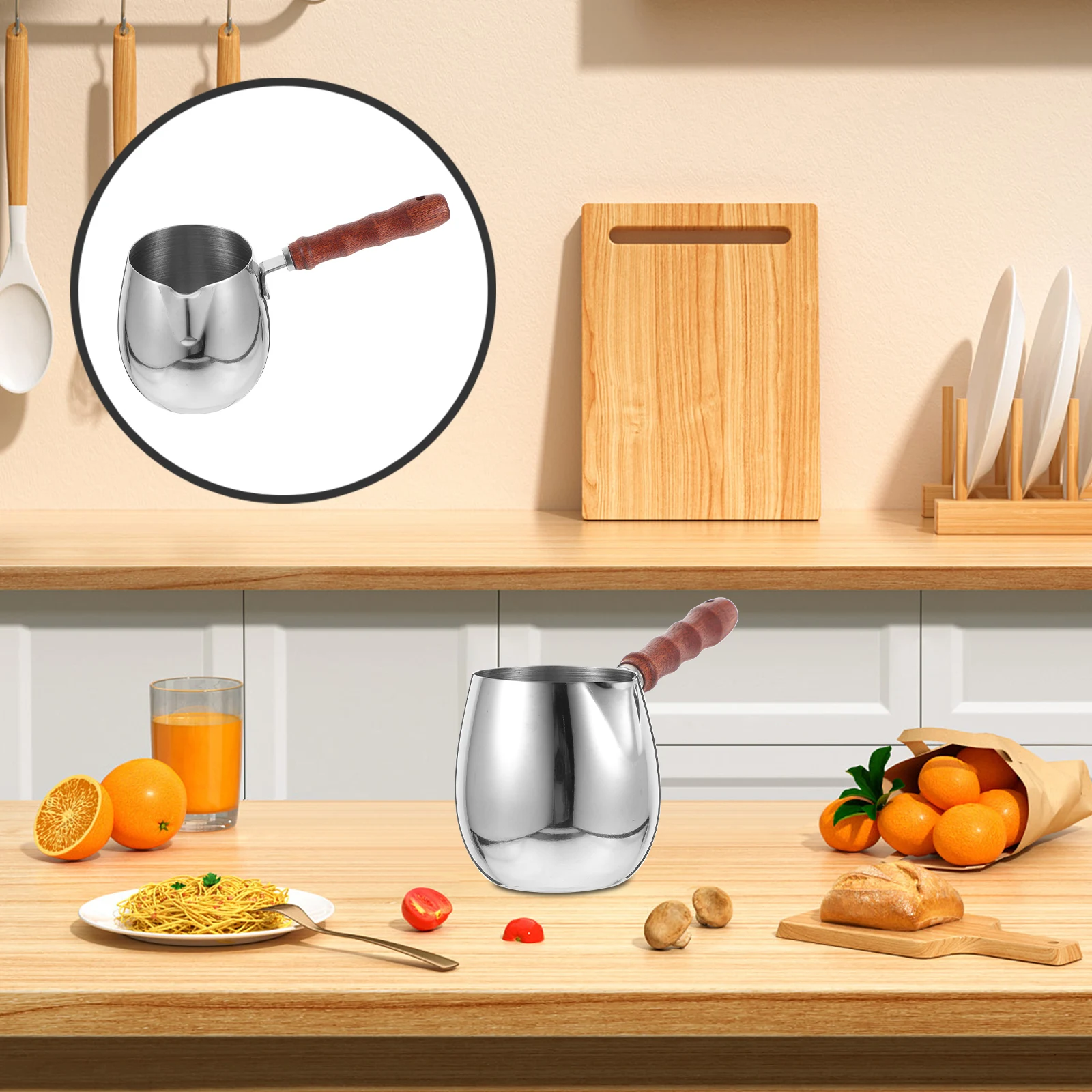 

Stainless Steel Milk Frothing Pitcher Wooden Handle Ergonomic Grip Measurement Markings Latte Art Cup Espresso Milk Steaming Jug