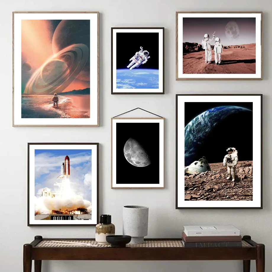 

Space Rocket Astronaut Moon Earth Canvas Wall Art - Nordic Style Living Room Decor Poster Print with Planet Theme