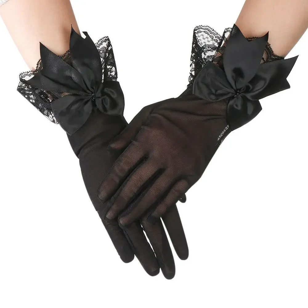 Fashion Bride Bow Lace Chiffon Gloves Women White Gloves Sunscreen Driving Gloves Marriage Party Accessories