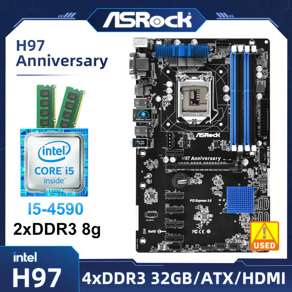 

LGA 1150 Motherboard set ASRock H97 ANNIVERSARY Motherboard kit with i5-4590 cpu +DDR3 8g*2 ram Intel H97 USB 3.1 PCI-E 3.0 ATX