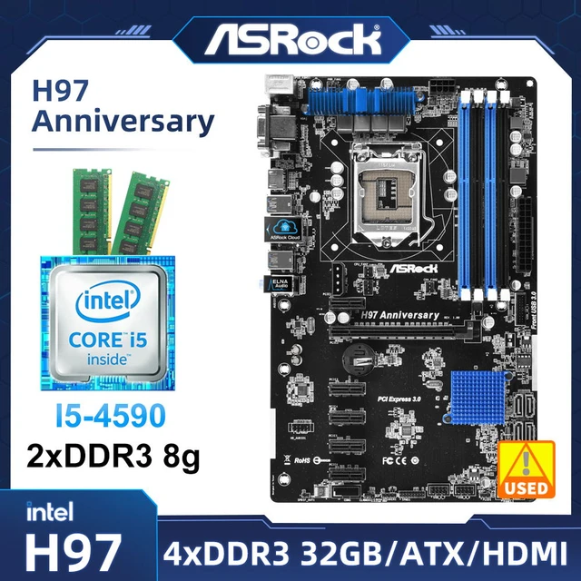 LGA 1150 Motherboard set ASRock H97 ANNIVERSARY Motherboard kit with i5 4590 cpu DDR3 8g 2 ram Intel H97 USB 3.1 PCI E 3.0 ATX AliExpress