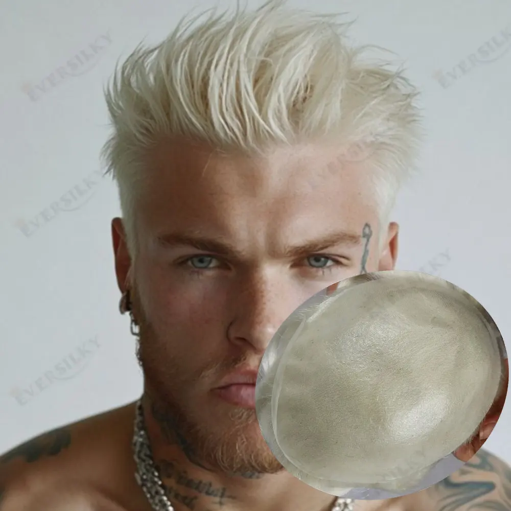 

#613Blonde Grey0.02mm Men's Toupee Natural Hairline Thin Skin Human Hair Wig Replacement System Hair Biological Scalp Prosthesis