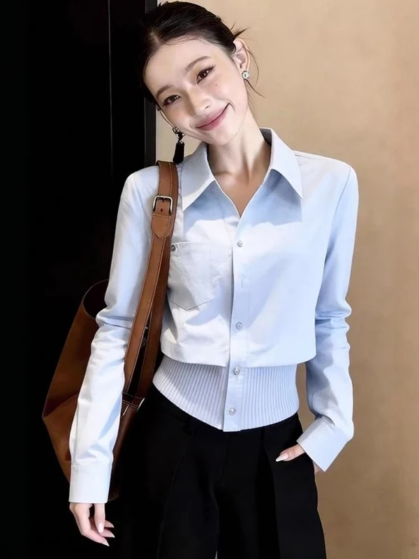 

Casual Blue Faux Two-Piece Top Women's Loose Slimming Spring Commute Style Korean Waist-Cinched Long Sleeve Neck Short L...