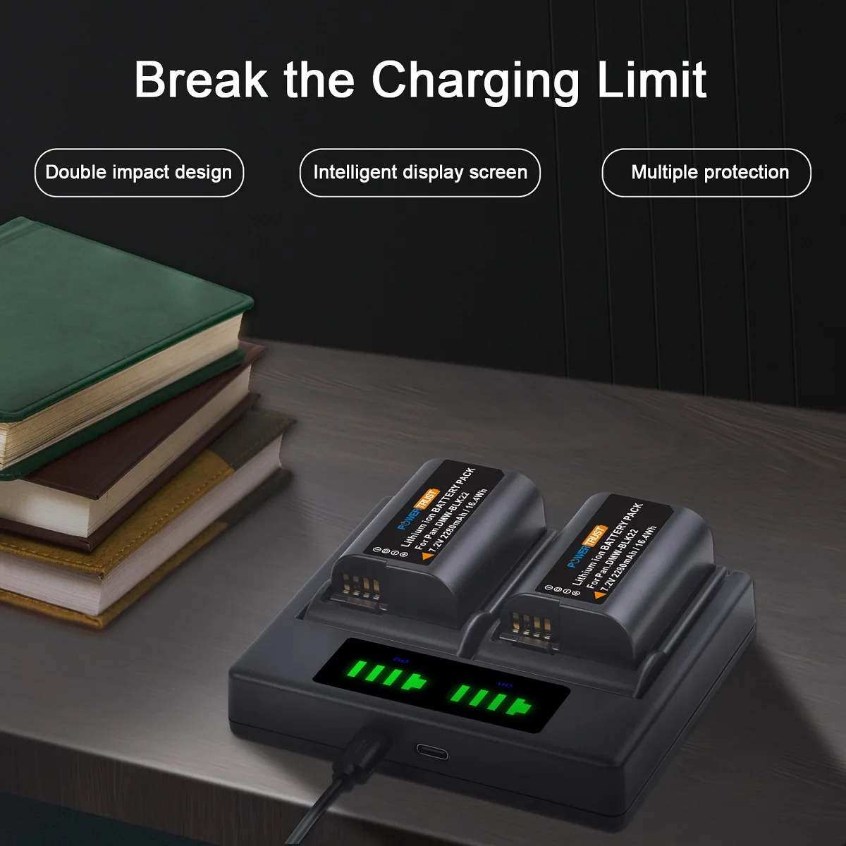 Bateria de substituição/carregador de bateria de baía dupla para panasonic DMW-BLK22 e lumix DC-S5, gh6, gh5 ii, DC-S5KK câmeras digitais