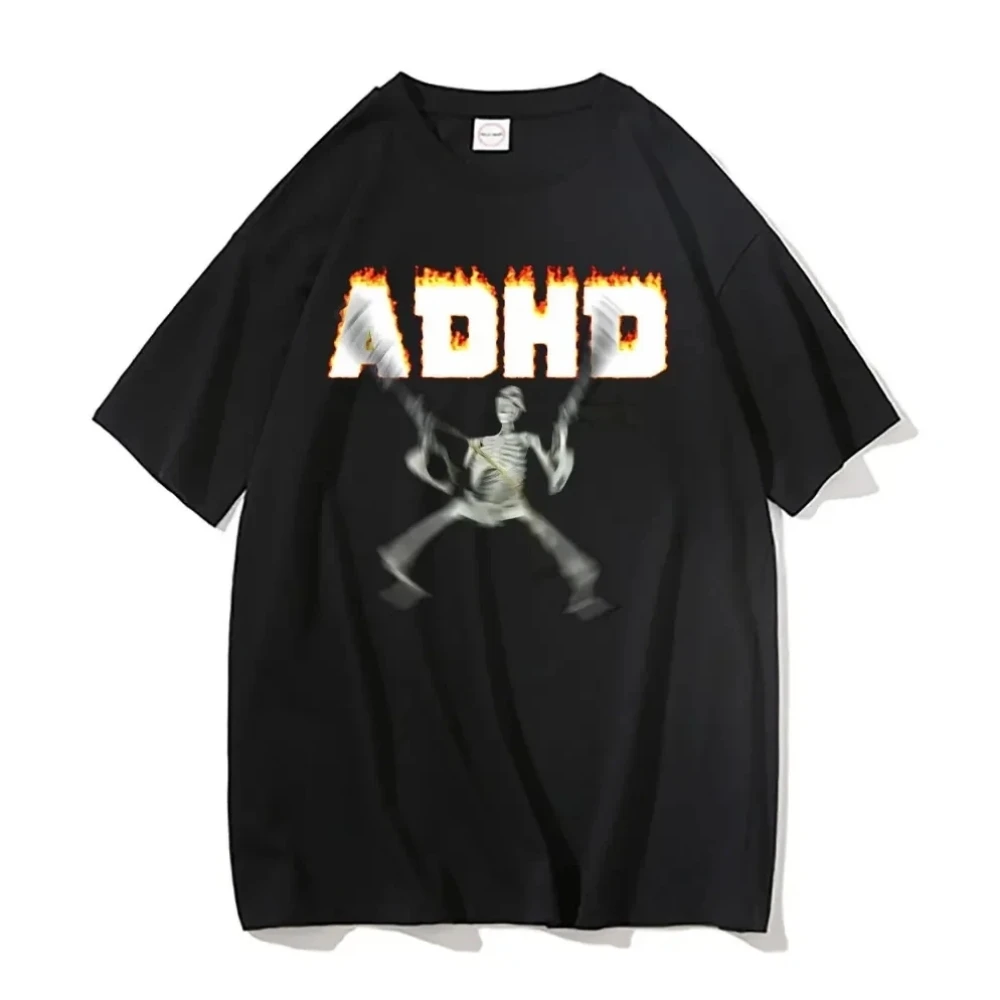 

Mens 100% Cotton ADHD Graphic T Shirt Round Neck Breathable Flame Skull Print Oversized Streetwear Tee Stress Relief