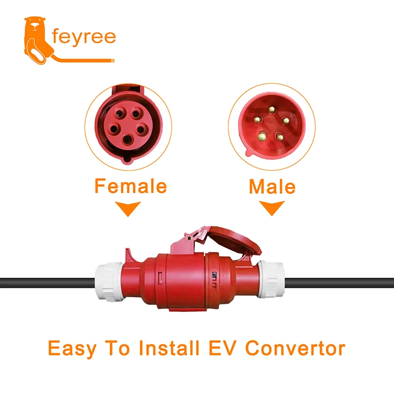 feyree EV Charger Schuko Plug to CEE Red Power Female Plug 5 Pins Socket Adapter Connect with 16A 3 Phase 11KW Portable Charger