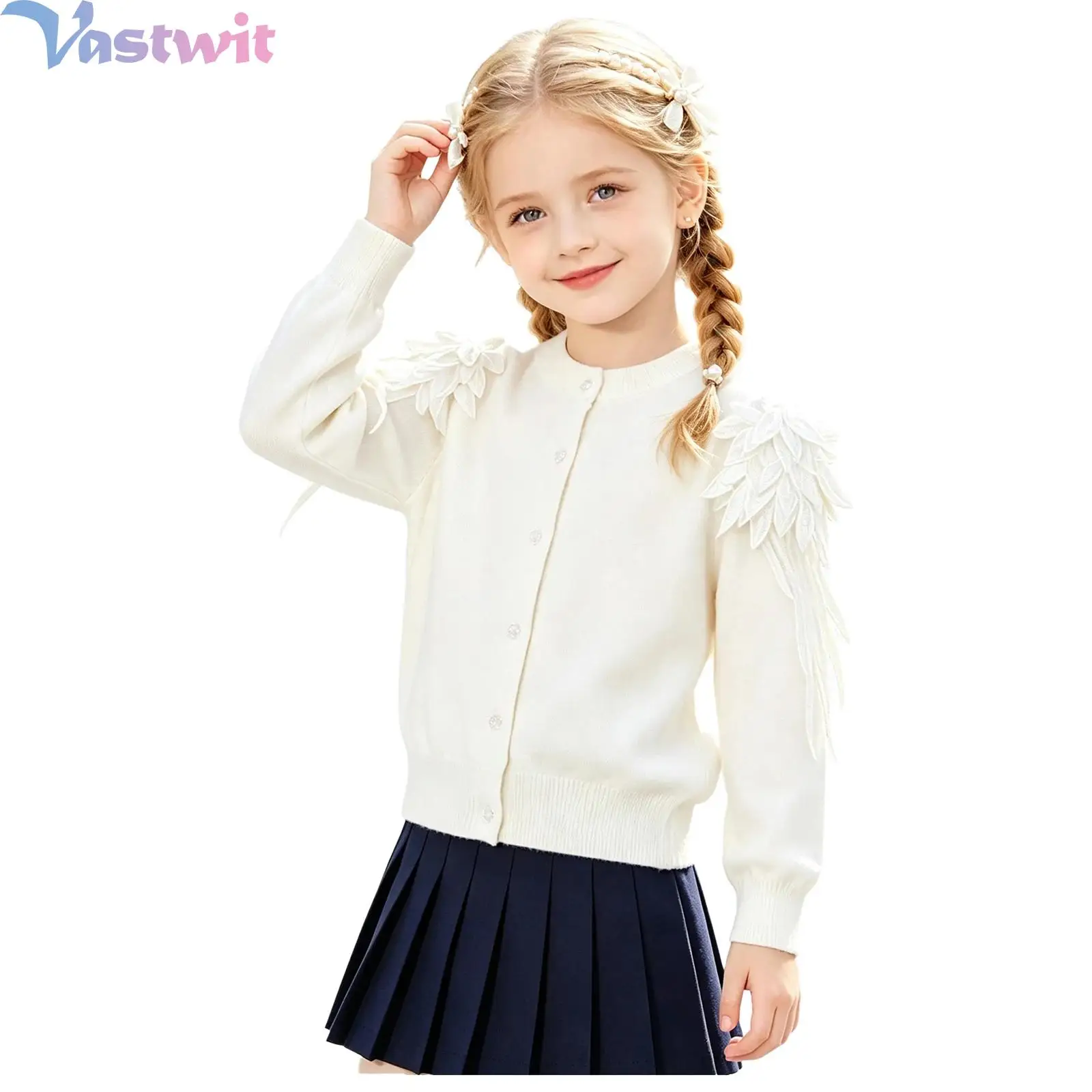 Kids Girls Warm Sweater Cardigan Long Sleeve with Embroidered Applique Button-down Basic Knit Outerwear Coat School Uniform