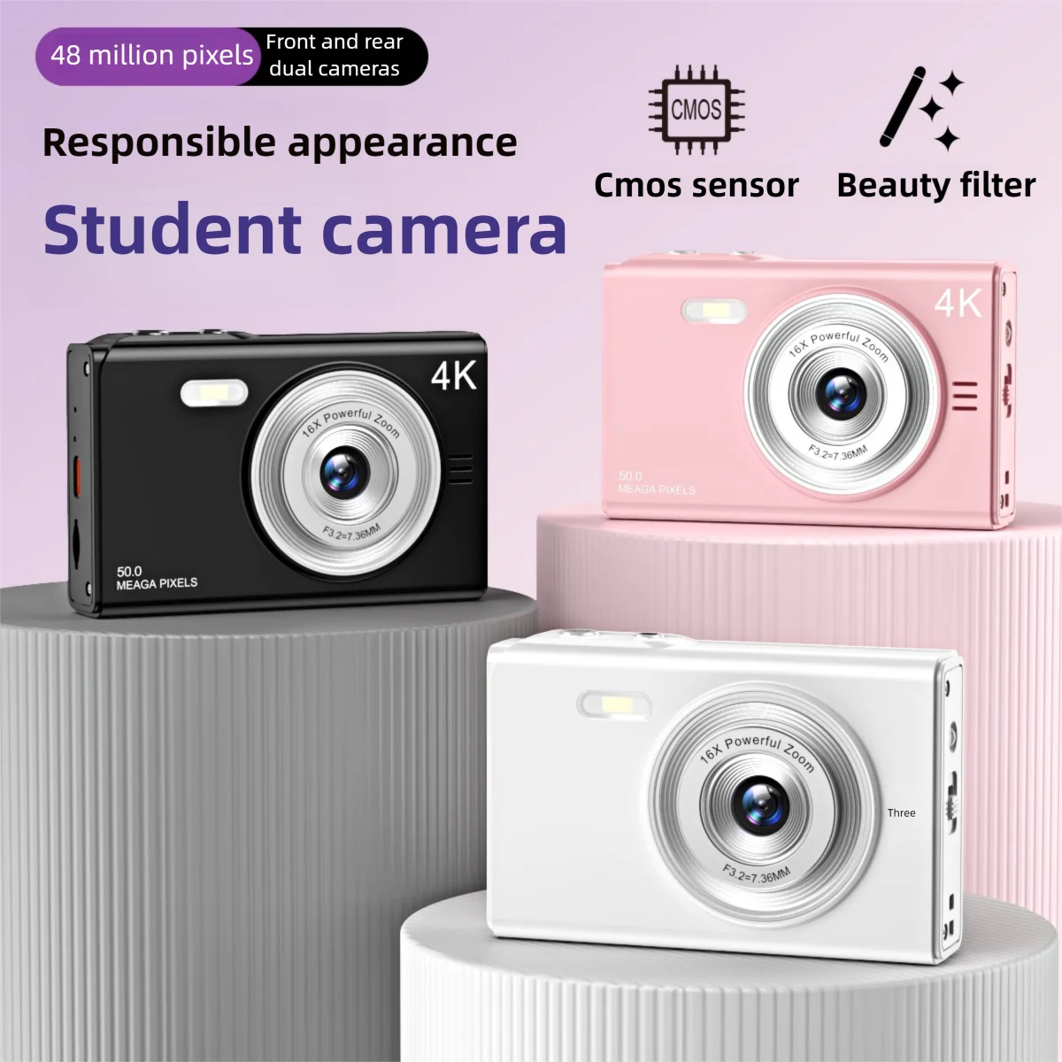 

4K Digital Camera 4800W Pixel Retro CMOS Portable Card Camera Entry-level Camera Dual Camera with Flash 16x Zoom Auto Focus