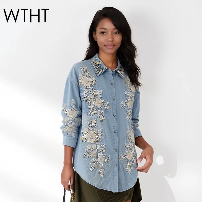 

Модная женская джинсовая рубашка WTHT с вышивкой и бисером, весна 2026, трендовая, с отложным воротником, длинным рукавом, модель 1LS2877
