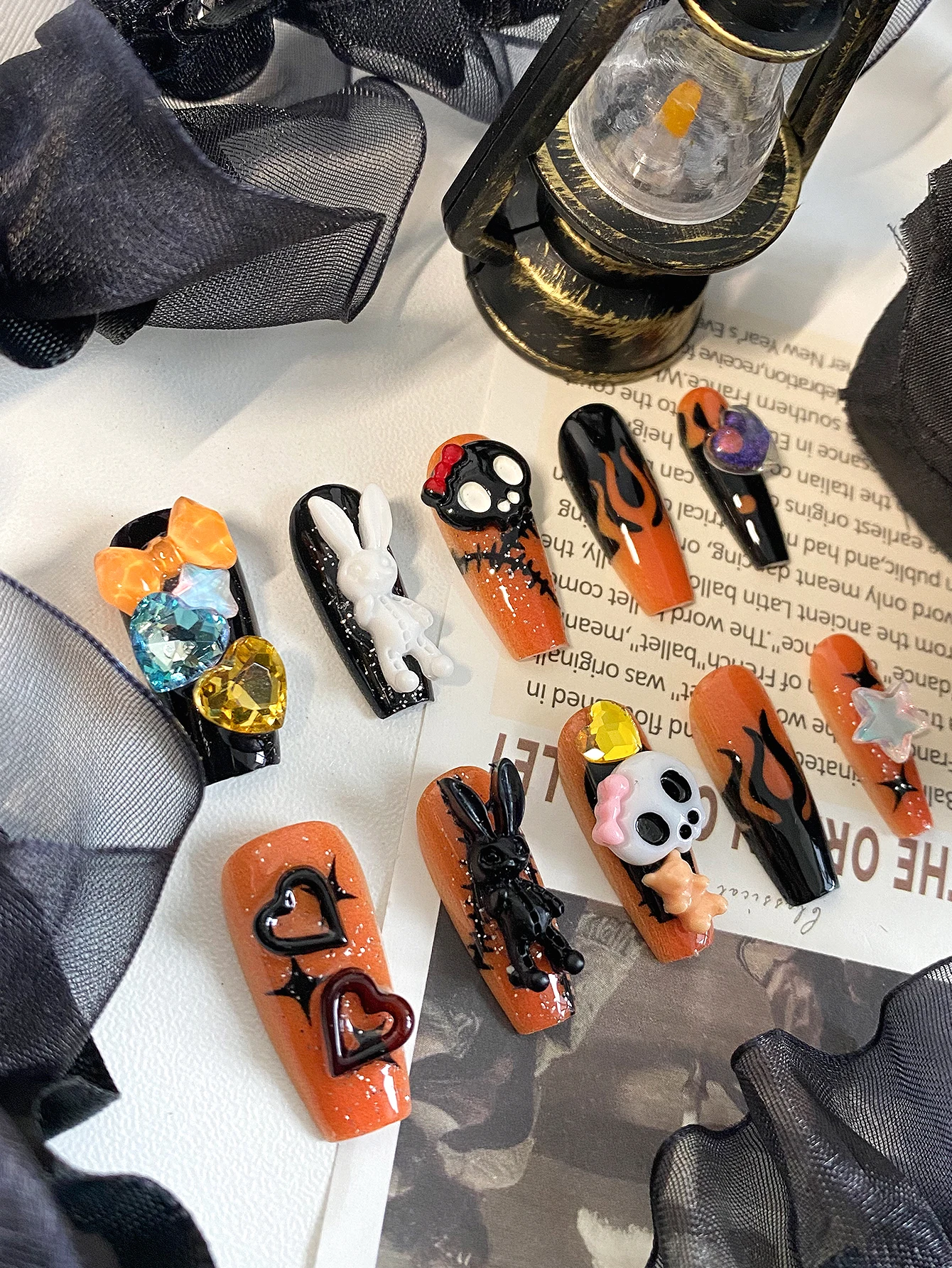 Halloween Orange and Black Doll Bunny Outfit, Sweet and Cool Dark Style, Orange and Black Color Scheme Suitable for Halloween, Subculture, Y2K, and Spicy Girl Outfits, Sweet and Spooky Doll Theme