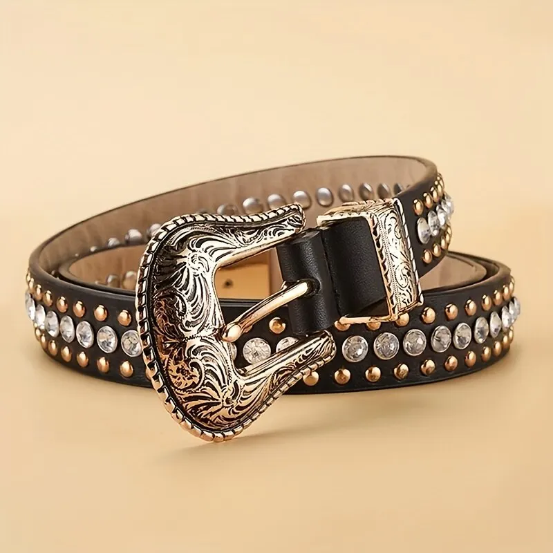 Women's Belt Vintage Carved Buckle Thin Belt Fashion Rhinestone Rivet Personalized Street Men's Belt Punk HipHop Rock Y2K Style