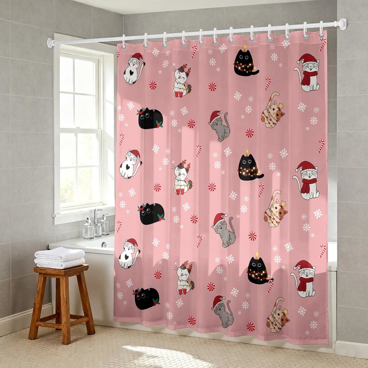 1pc Pink Christmas Cat Print Waterproof Shower Curtain Partition Privacy Hanging Curtain with 12 Hooks Multiple Sizes