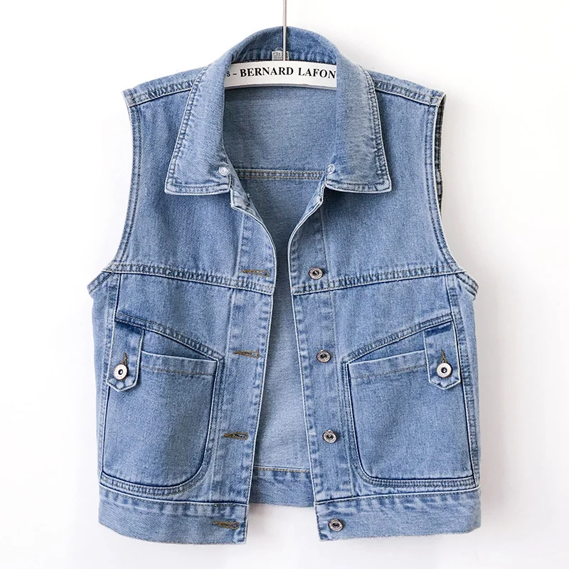 

Vintage Light Blue Short Denim Vest Women Spring Summer Korean Slim Sleeveless Jeans Coat Female Cowboy Waistcoat Veste Femme