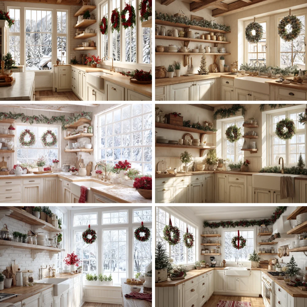 

Christmas White Kitchen Photography Backdrops Wreath Modern Cabinet Kids Adults Christmas New Year Party Decor Photo Background