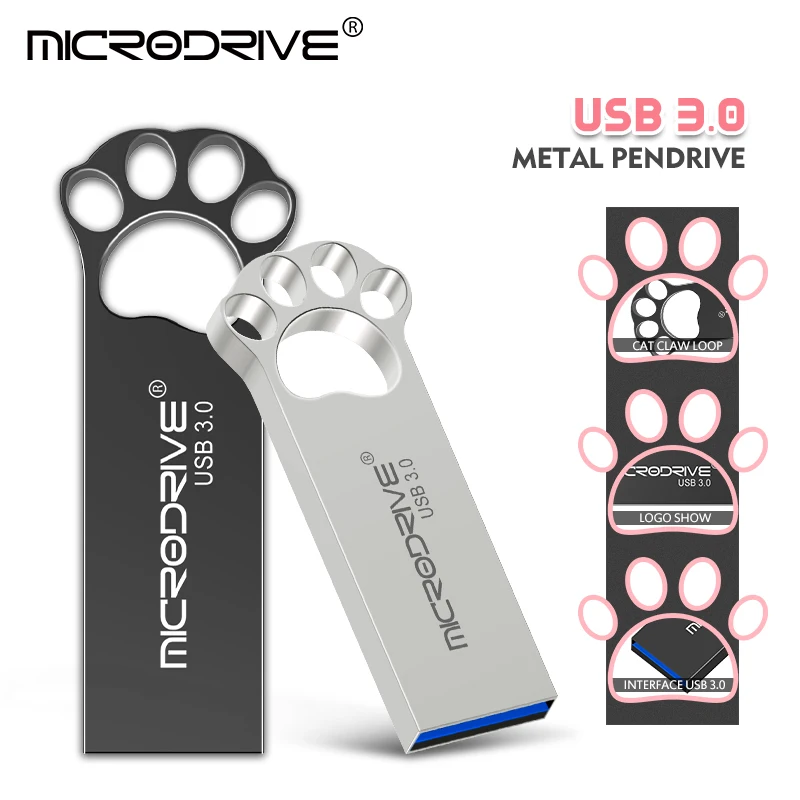 Unidad Flash USB3.0 Pendrive Silver Cat Paw 64GB Pen Drive impermeable Metal U Disk Memoria Usb Cle Memoria Usb Stick 64GB