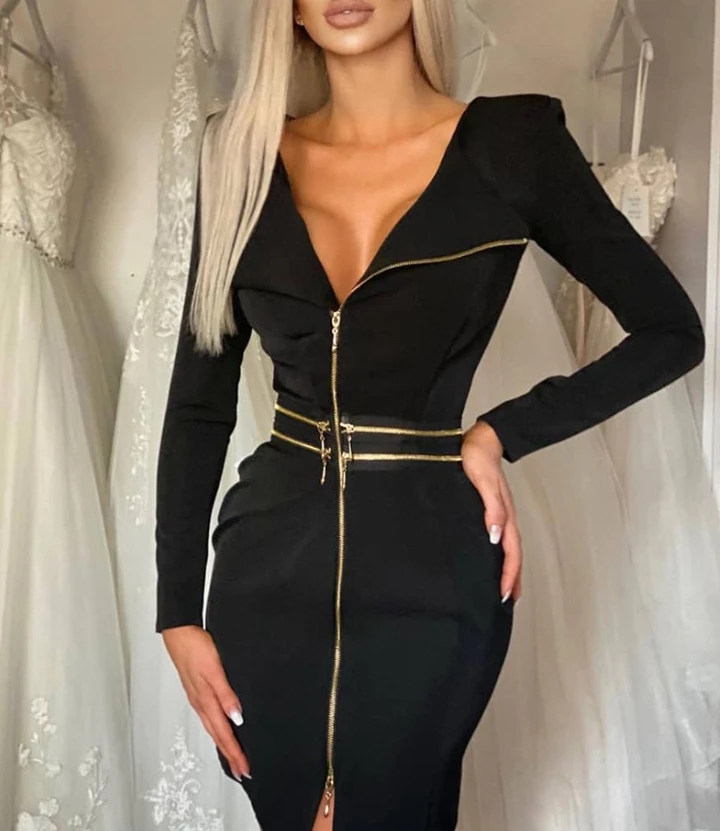 

Women's Metallic Zipper Deep V Long-Sleeve Bodycon Dress Slim Fit and Stylish Detail Elegant Dress