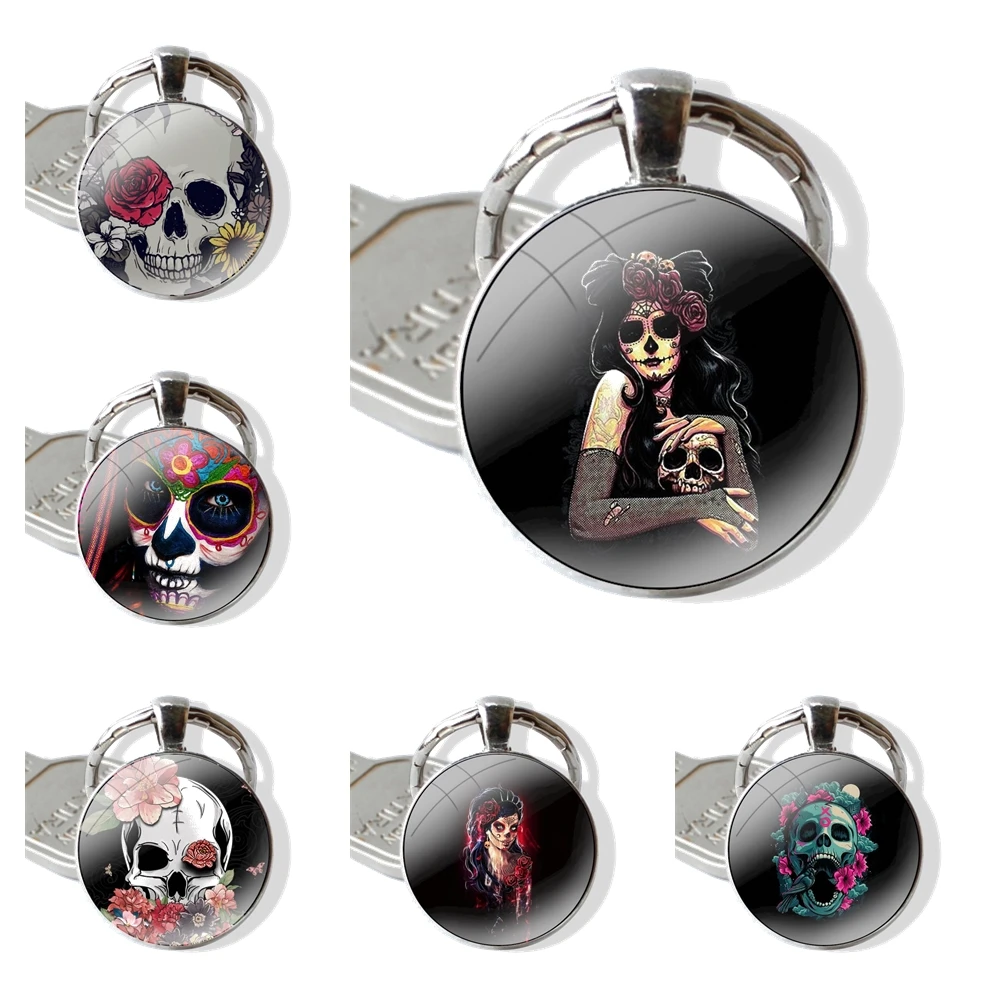 Keychain Handmade Glass Cabochon Key Ring Holder Pendant Key Chains Sugar Skull Girl Tattoo