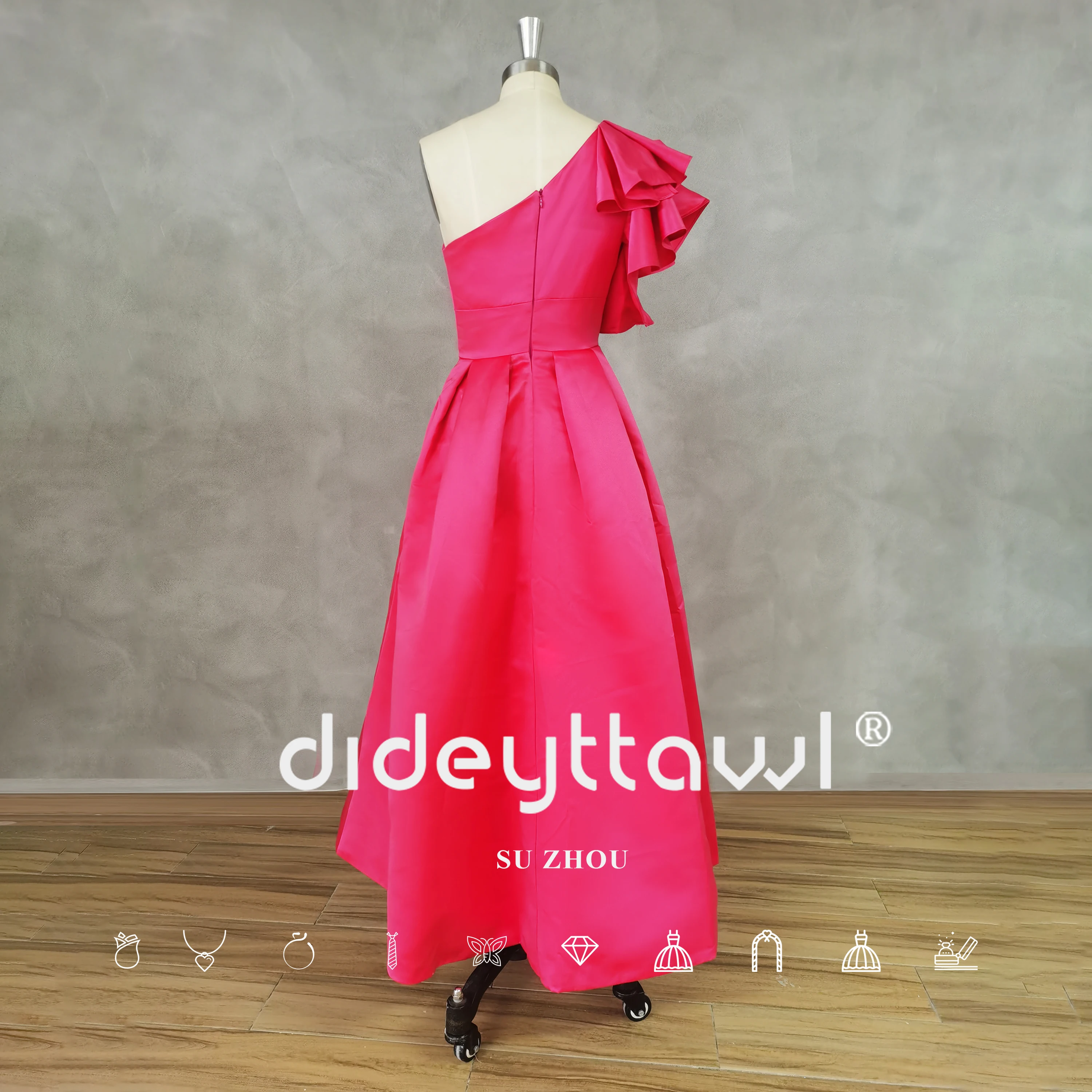 DIDEYTTAWL Real Photos Pink One-Shoulder Satin High Side Slit Prom Dress Sleeveless Tea-Length A-Line Evening Party Gown