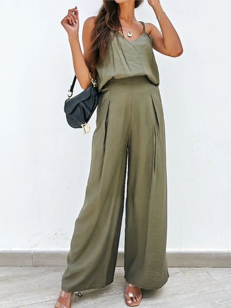 

Summer Sexy Halter V Neck Vest 2 Piece Set For Women's Long Pants Fashion Elegant Female Office Loose Wide-leg Long Pants Set