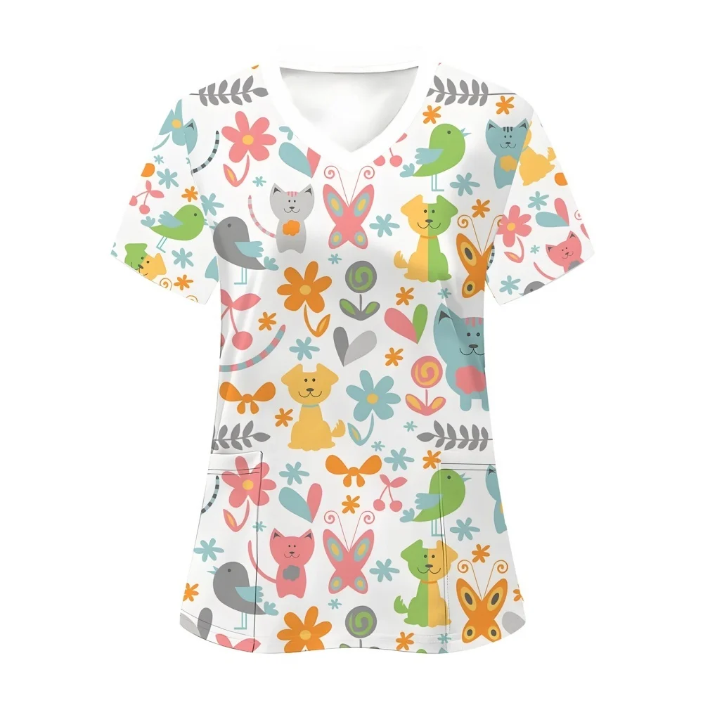 Uniformes chirurgicaux femme motif de chien mignon imprimé décontracté soins de santé vêtements médicaux été col en v à manches courtes uniforme d'infirmière femme