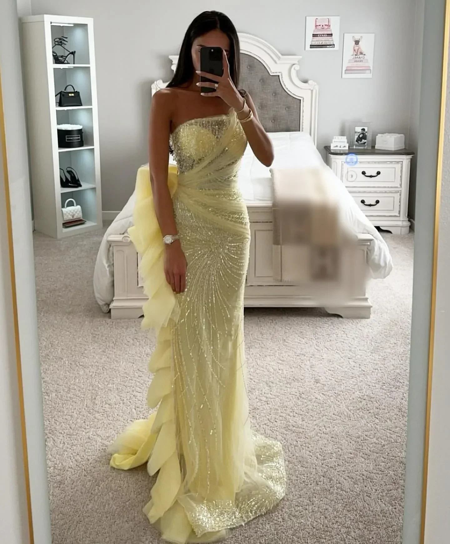 Customized Stunning Yellow Mermaid Prom Dress Crystal Strapless Evening Dresses Elegant Side Ruffle Formal Dresses for Women