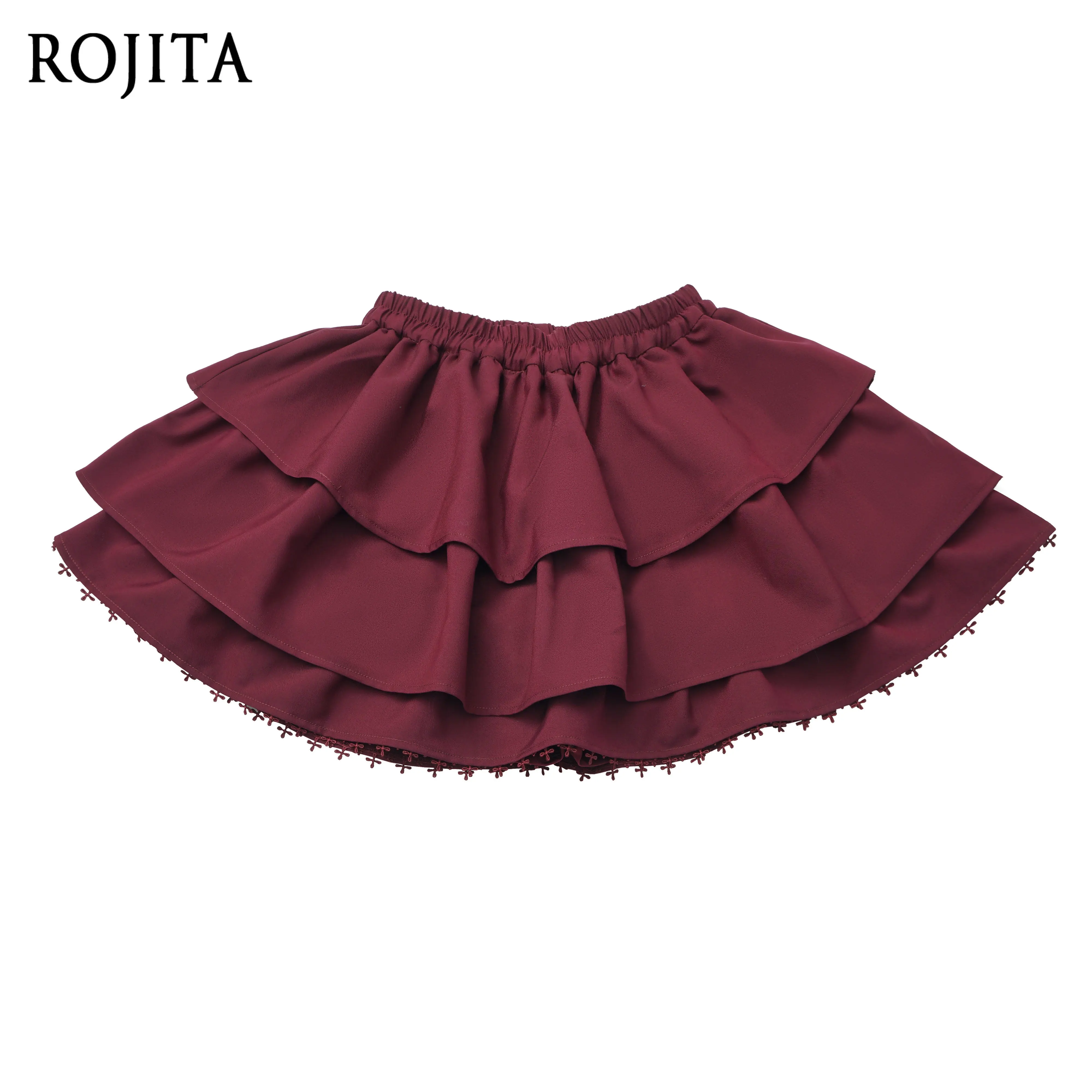 Burgundy Tiered Ruffle Skort Women Elastic Waist Cross Lace Trim Cake Mini Skirt Sweet Lolita Skirt