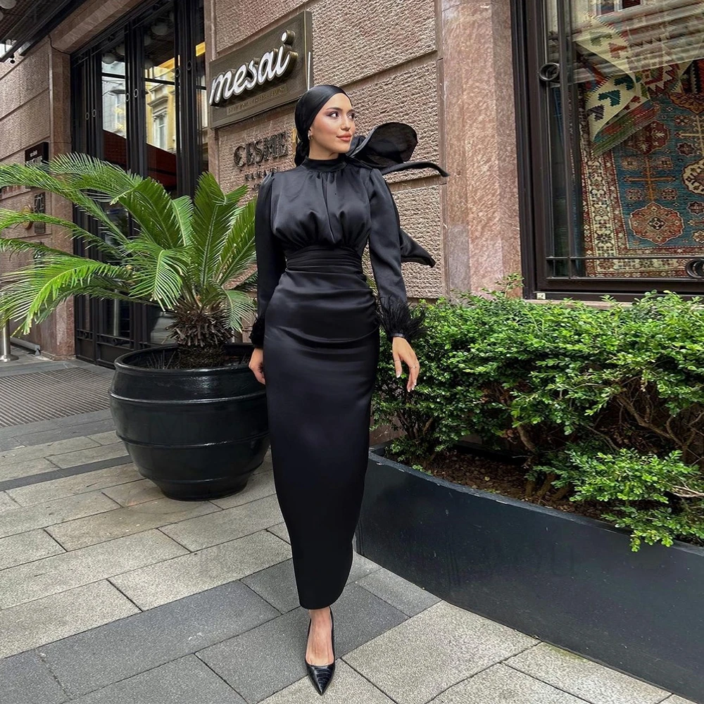 

Black Evening Dresses for Women Full Sleeve Sheath Pleat High Neck Satin Prom Gowns 2023 Summer Vestido De Noche New