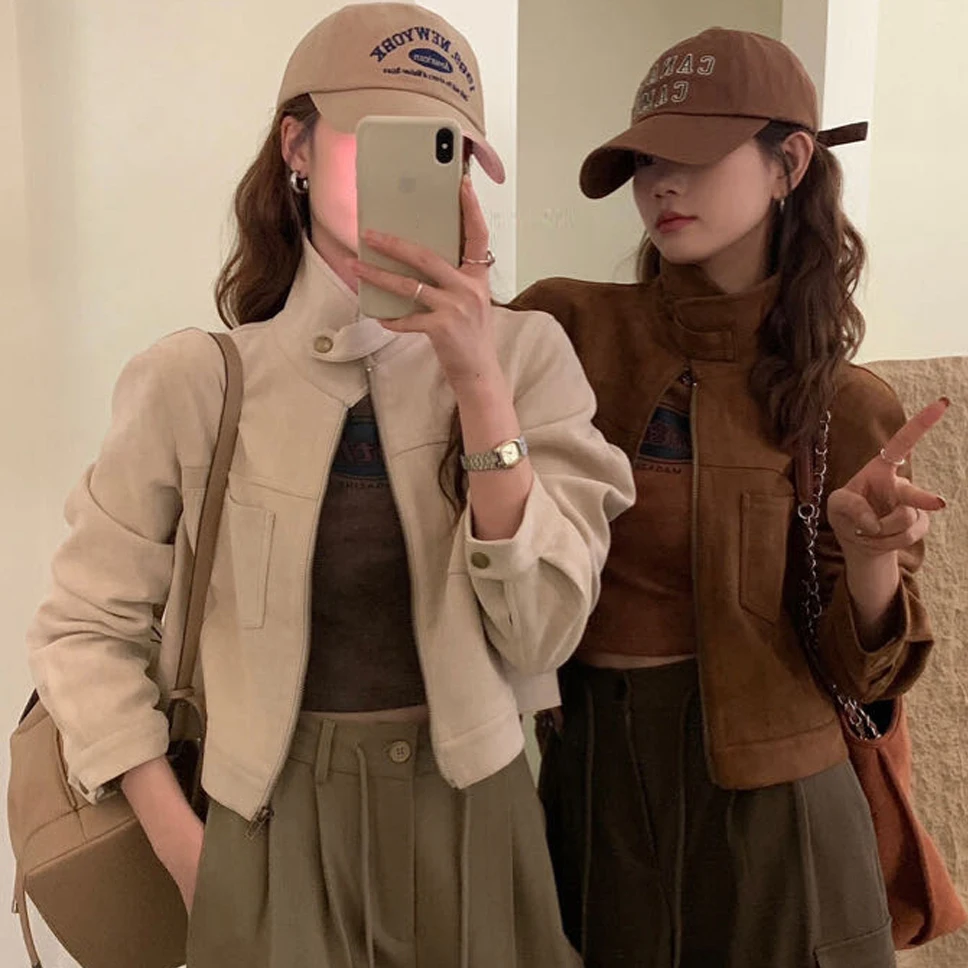 스웨이드 재킷 루즈핏 긴팔 레트로 디자인 감각 스웨이드 재질 스탠드 칼라 5가지 색상 스타일리시한 슬림핏 재킷 코트 외투 재킷