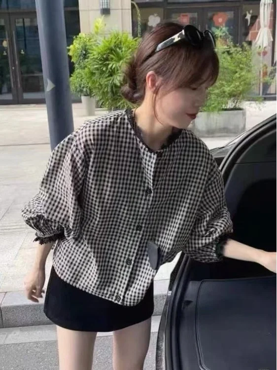 

Retro Plaid Long Sve Women's irt Spring Autumn Loose Casual Korean Sle Chic Attractive Top round Ne Button Closure