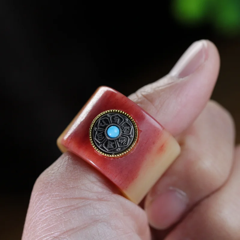 Blood Material Fortune Comes and Goes Finger Ring Copper Inlaid with Six-Word Mantra Tooth Bone Horn