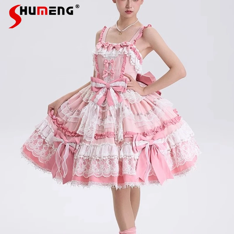 

Original Lolita Style Doll Sweet Sling Dress JSK Japanese Women's Girl High Waist Slim Elegant Lace Bow Princess Dress Vestidos