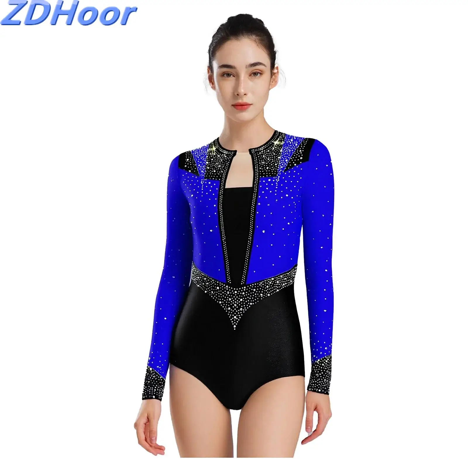 

Womens Dance Leotard Shiny Rhinestones Back Hollow Long Sleeve Contrast Color Bodysuit Figure Skating Gymnastics Costumes