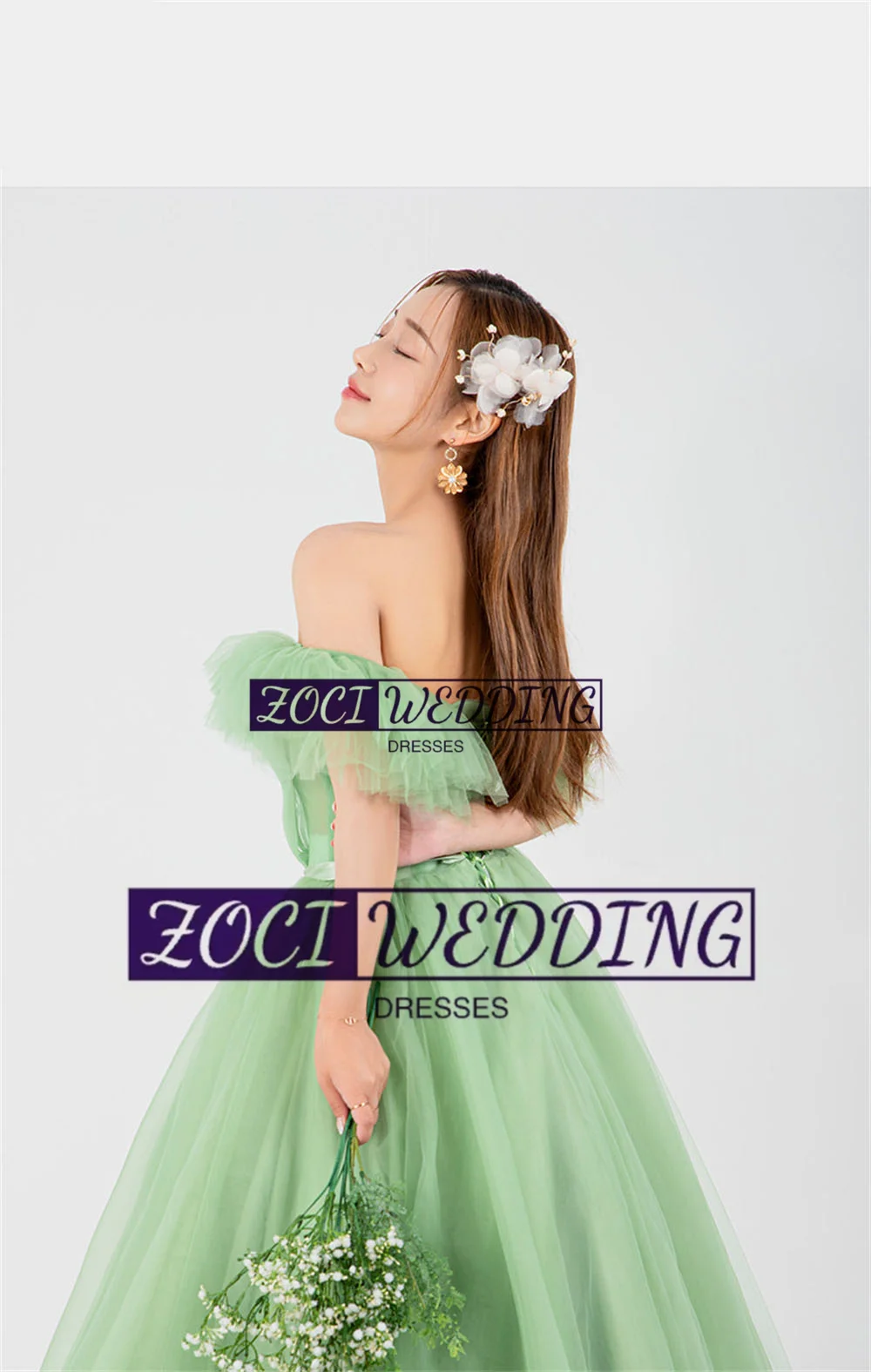 Zoci Elegant Green Korea Wedding Dresses Off Shoulder Ruffles Customized Photos Shoot Dress Belt A Line Bride Reception Dress