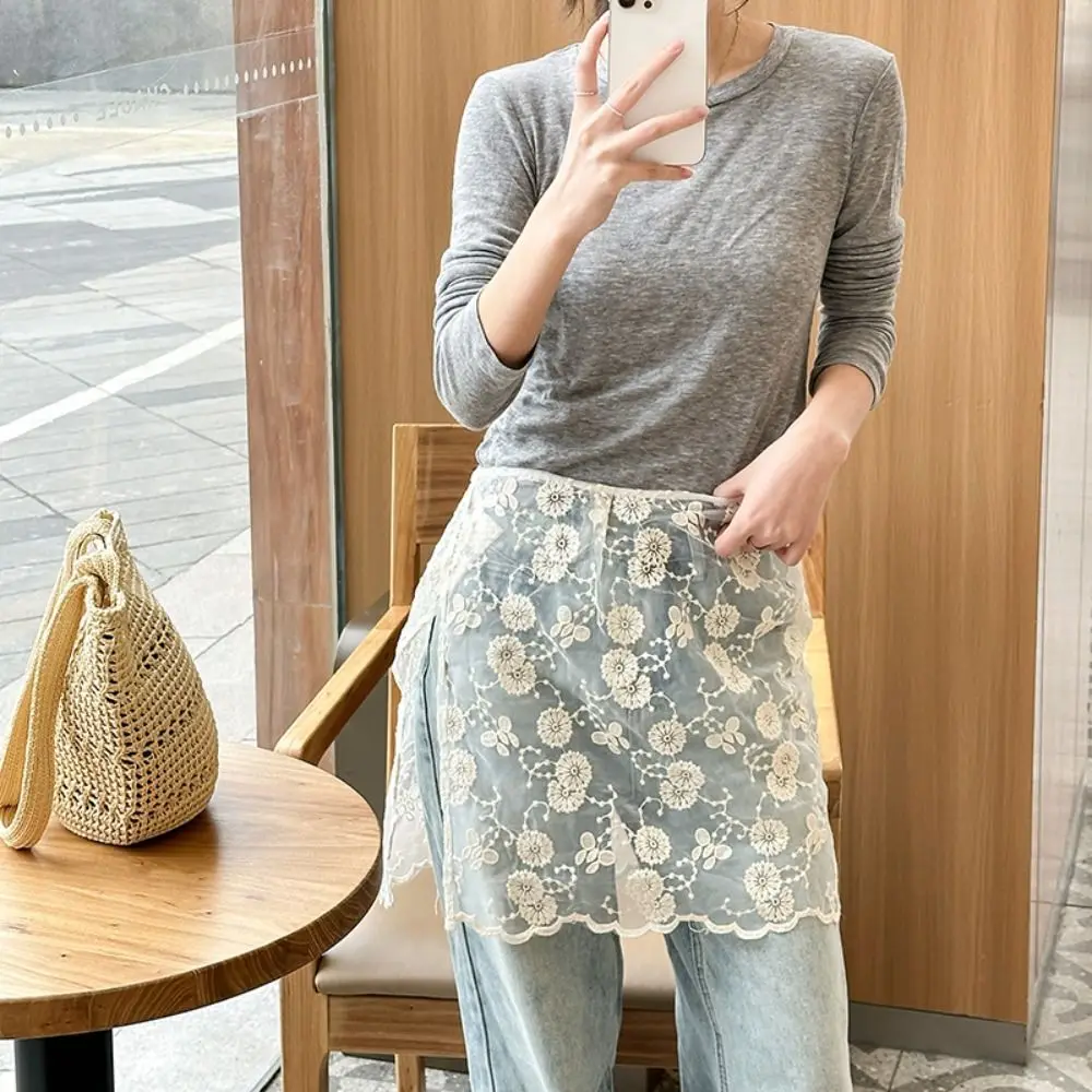 

Soft Sweet Lace Half Skirt Flower Embroidery Y2K Gauze Skirt Lace-up Hight Waist Outwear Mini Skirt Girls