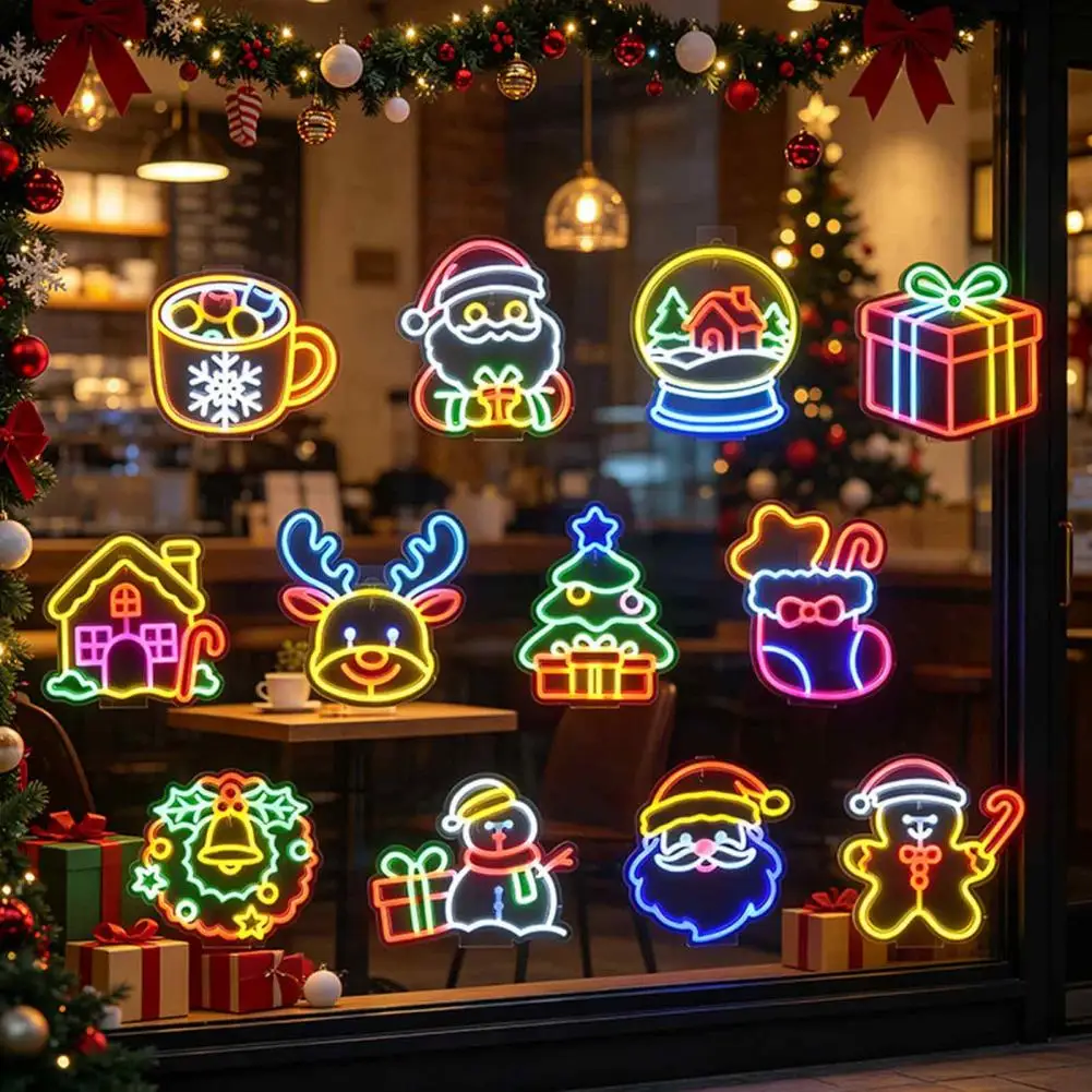 Holiday Party Supplies for Indoor Christmas Window Hanging Lights Christmas Led Neon Sign with Stand Santa Claus Elk for Home