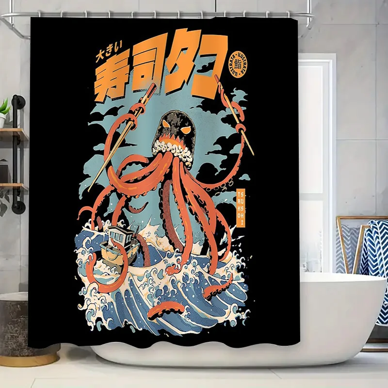 Cortina de ducha samurái de pulpo ondulado japonés, decoración de Anime Washoku, juego de baño de arte japonés, decoración del hogar de estilo japonés