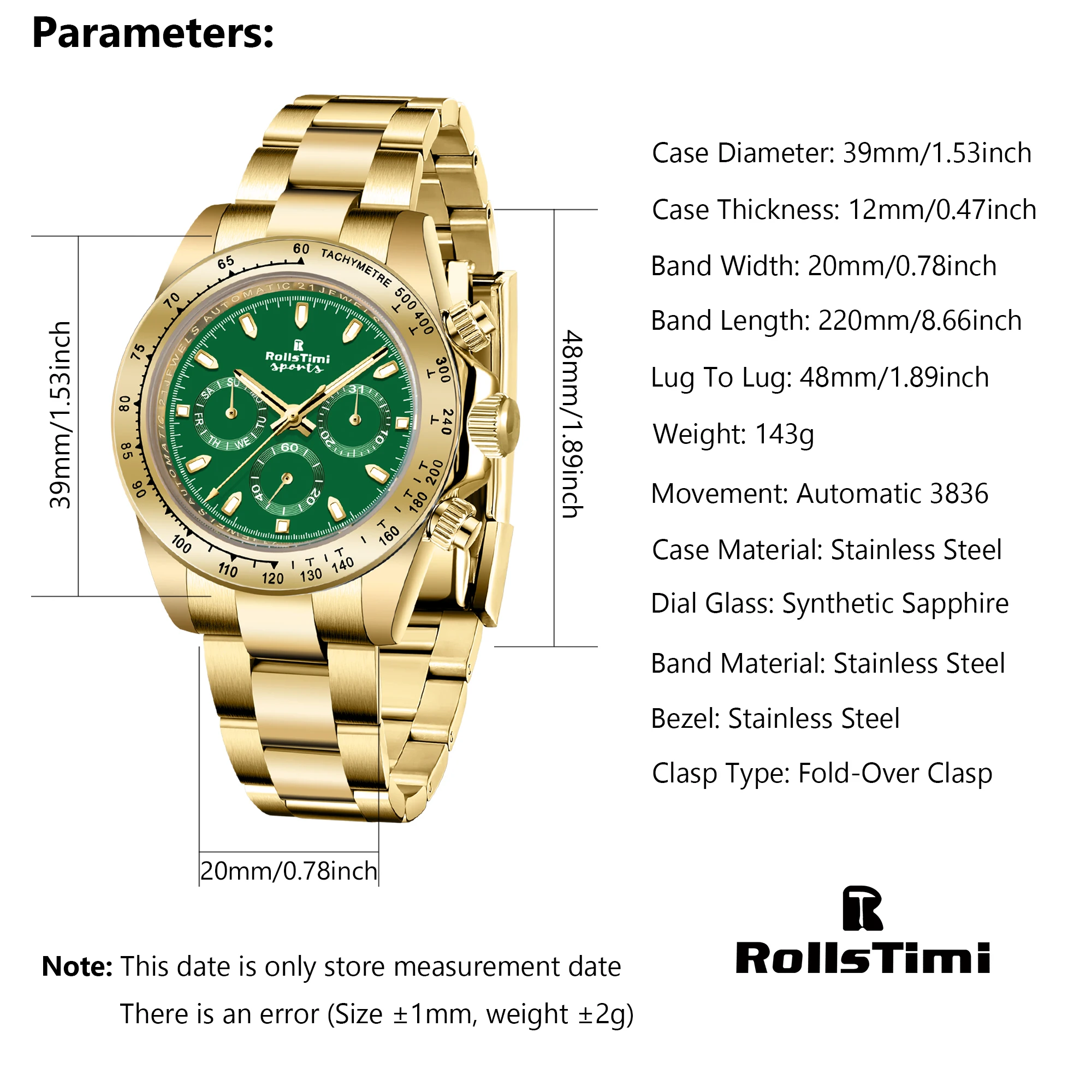 RollsTimi Men\'s Luxury Automatic Mechanical Watches Gold Green Wristwatch Stainless steel Sapphire glass Waterproof Chronograph