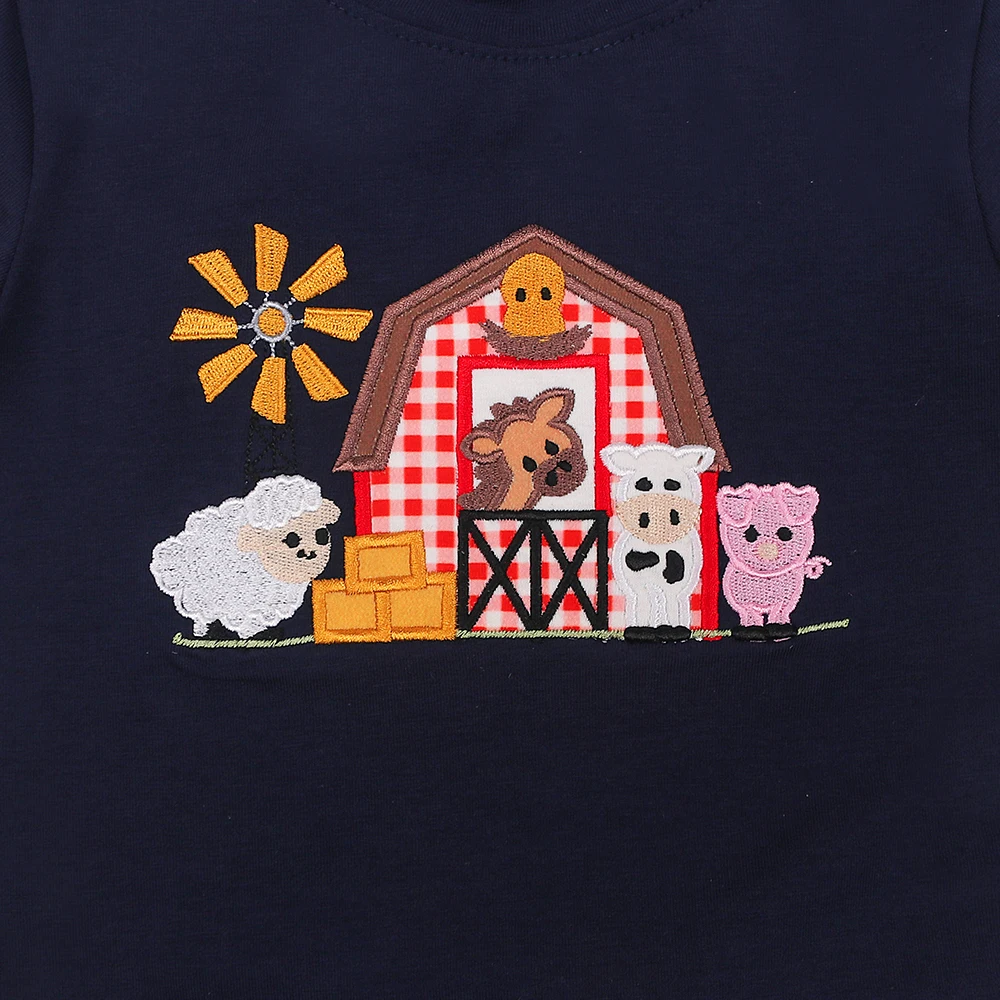 Ropa Baby New Kids Cotton Short Sleeved T-shirt Set Round Neck Farm Animal Embroidery Boy Top Clothes And Red Lattice Short Suit image 3