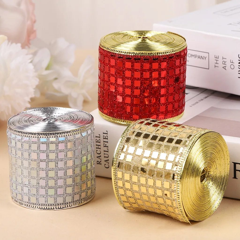 5yards/Roll 5cm Width Shiny Checkered Sequin Polyester Ribbon For Christmas Gift Wrapping Diy Packing Party Decoration
