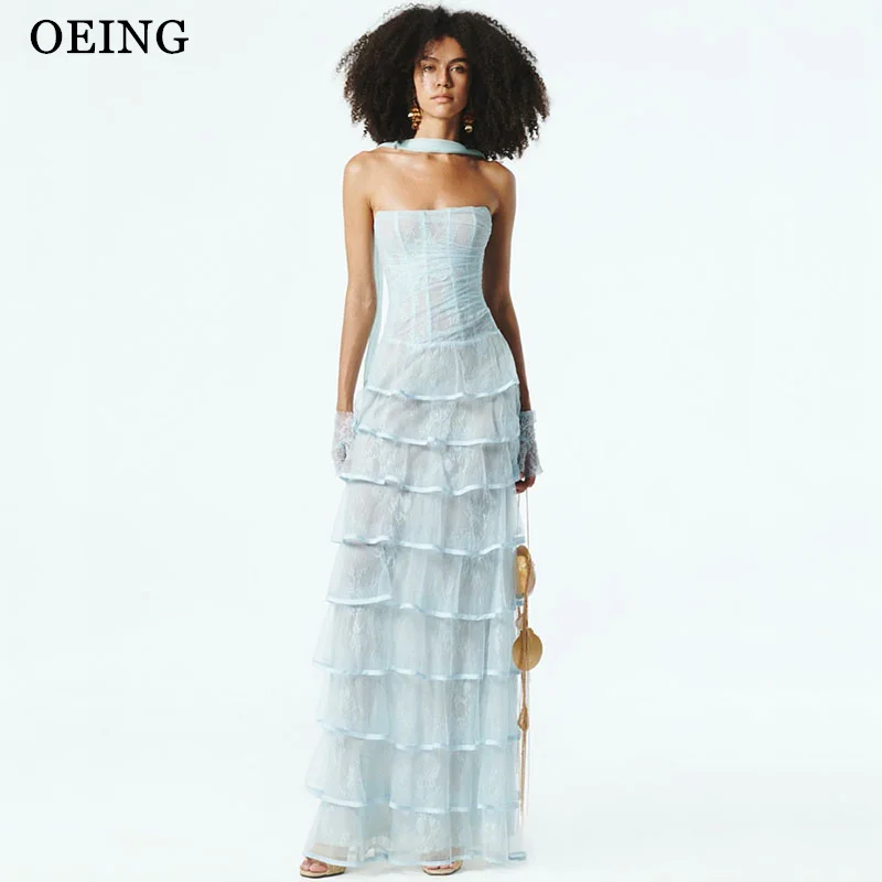 

OEING Elegant Straight Prom Dress Strapless Sleeveless Tiered Lace Evening Dresses 2025 فساتين سهرة Customized