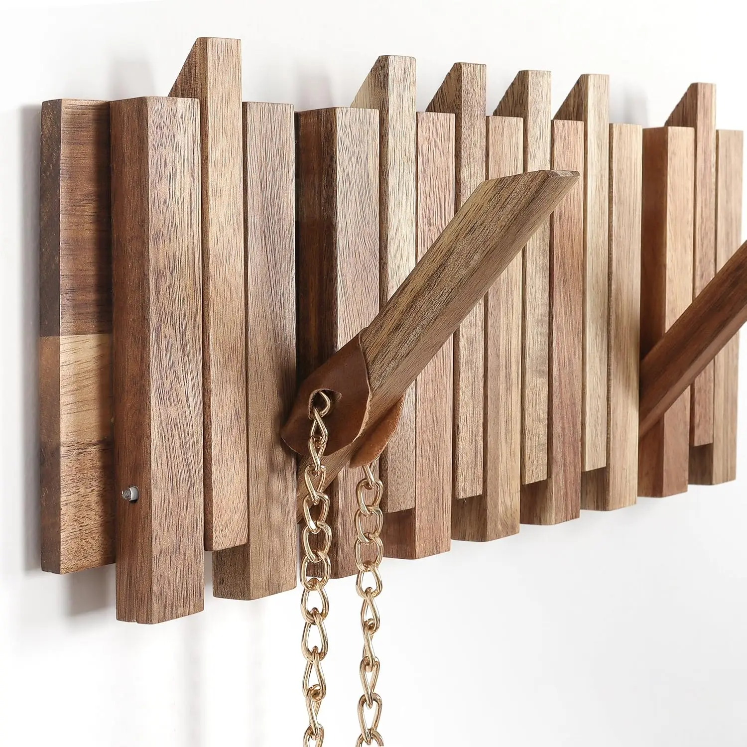 Compact Wall Coat Rack: 13.2" Wooden Rustic Design with 8 Retractable Hooks for Small Spaces, Entryway, Bathroom