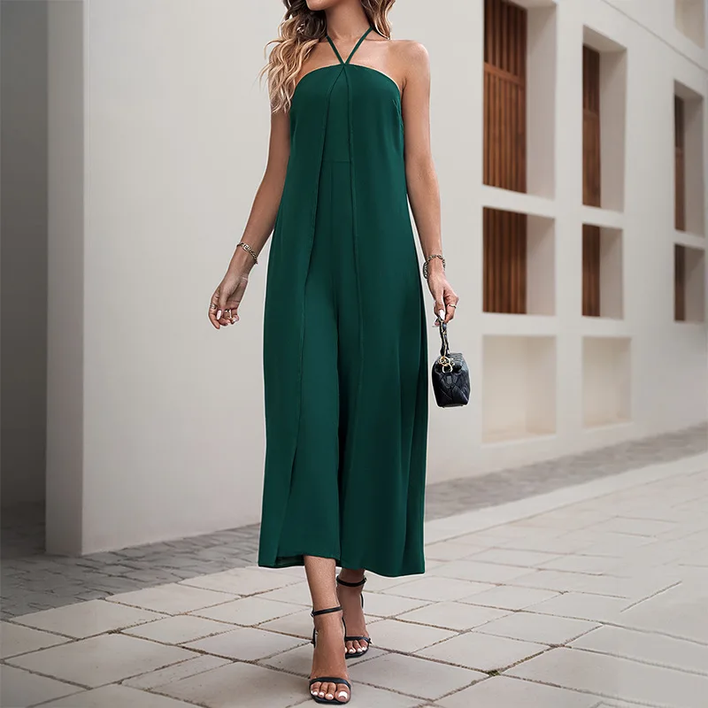 

Resort Jumpsuits Rompers Women Summer Slash Collar Sexy Chic Simple and Elegant Style Jumpsuit Solid Color Halterneck Jumpsuit