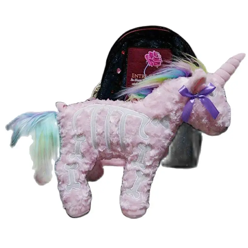 Dark Punk Unicorn Plecak Gothic Rock Pink Plush Flying Horse Skeleton Stuffed Crossbody Bag wysokiej jakości prezent dla przyjaciół