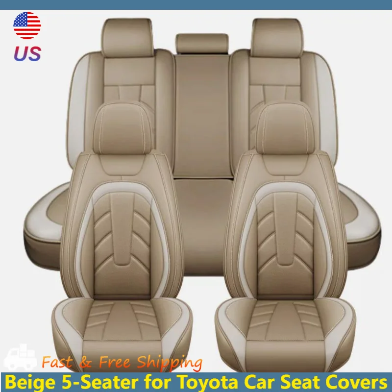 

5-местные бежевые чехлы на автомобильные сиденья Toyota, 5-местный полный комплект из искусственной кожи, защитные чехлы на передние и задние сиденья, полный комплект чехлов на сиденья