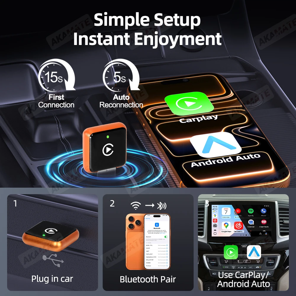 Wireless Mini CarPlay Dongle Wired to Wireless CarPlay Android Auto 2IN1 Adapter Bluetooth USB Type-C for VW Toyota Audi Volvo